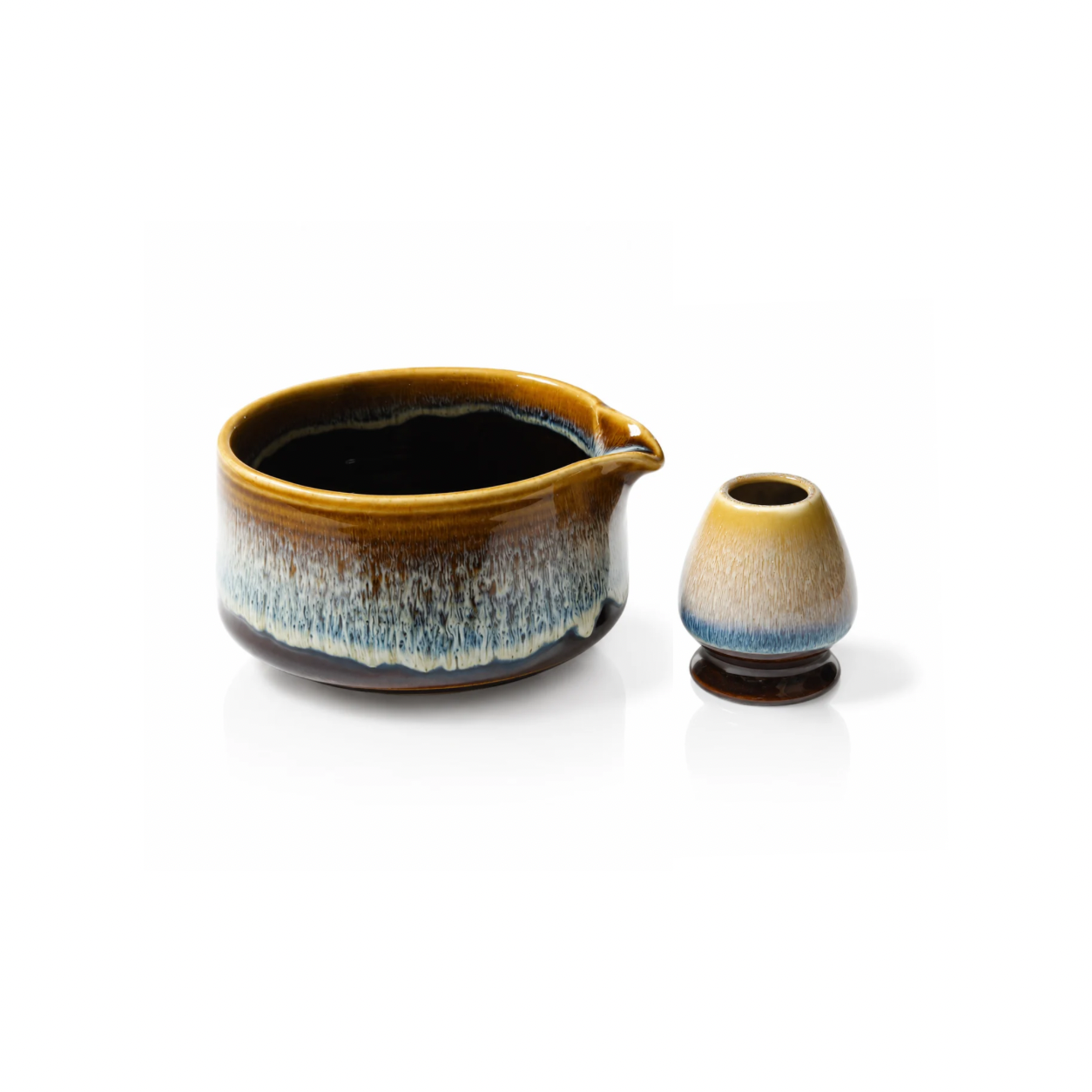 Cream & Blue Ceramic Matcha Bowl & Whisk Holder Set