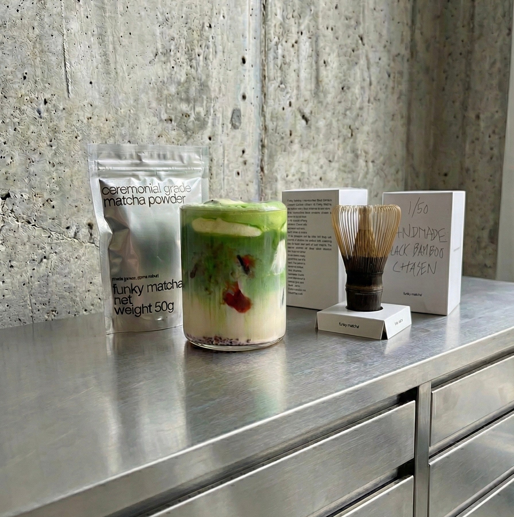 Funky Matcha Powder 50g with Iced Latte and Bamboo Chasen – Ceremonial Grade