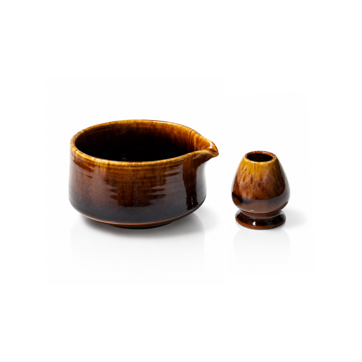Brown/indigo glaze ceramic bowl and whiskholder bundle