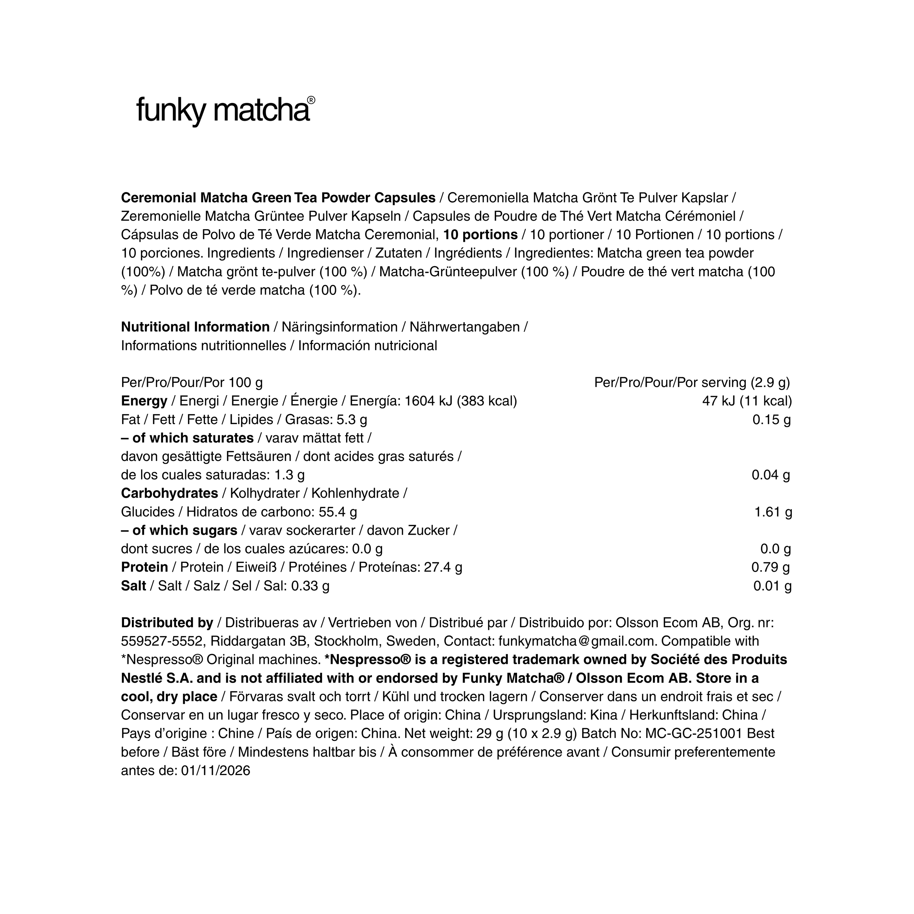 Funky Matcha Ceremonial Pods Nutrition Label – Ingredients & Nutritional Info