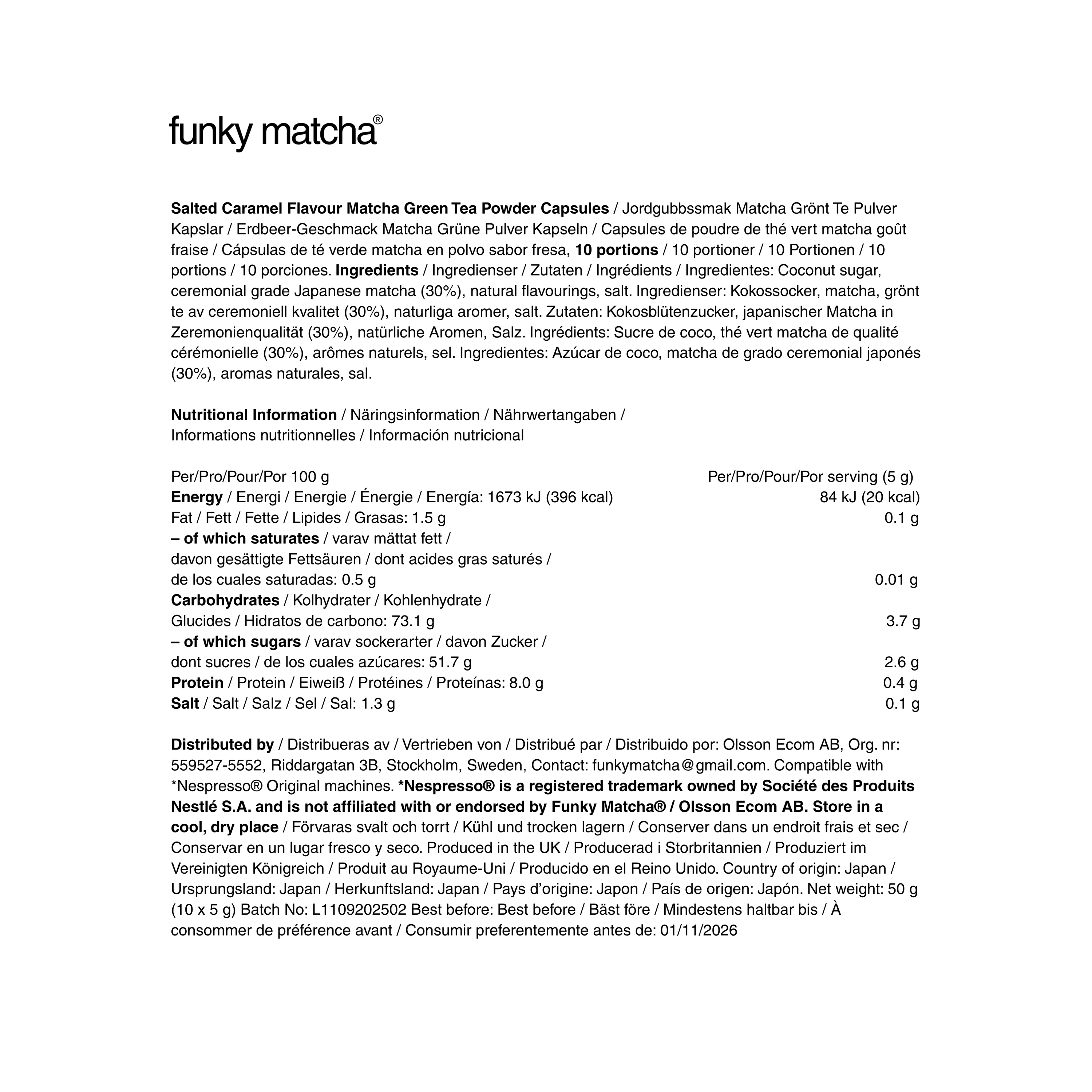 Funky Matcha Salted Caramel Pods Nutrition Label – Ingredients & Info