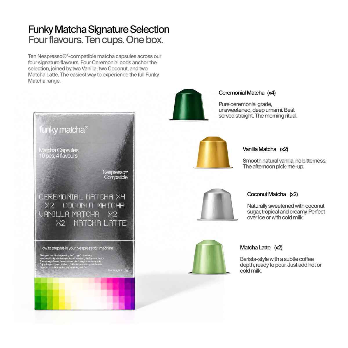 Funky Matcha Signature Selection box and four capsule flavours: Ceremonial, Vanilla, Coconut and Matcha Latte