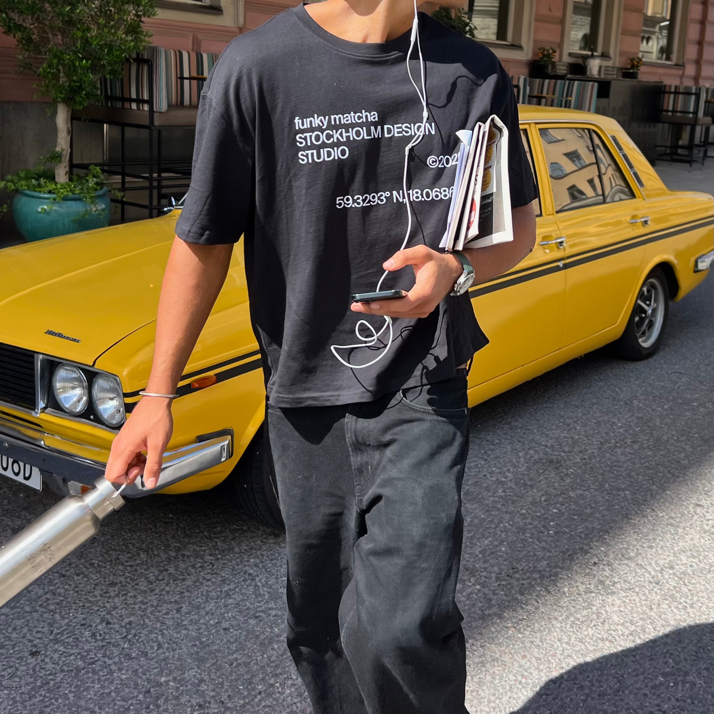 funky matcha stockholm black tee man model v2