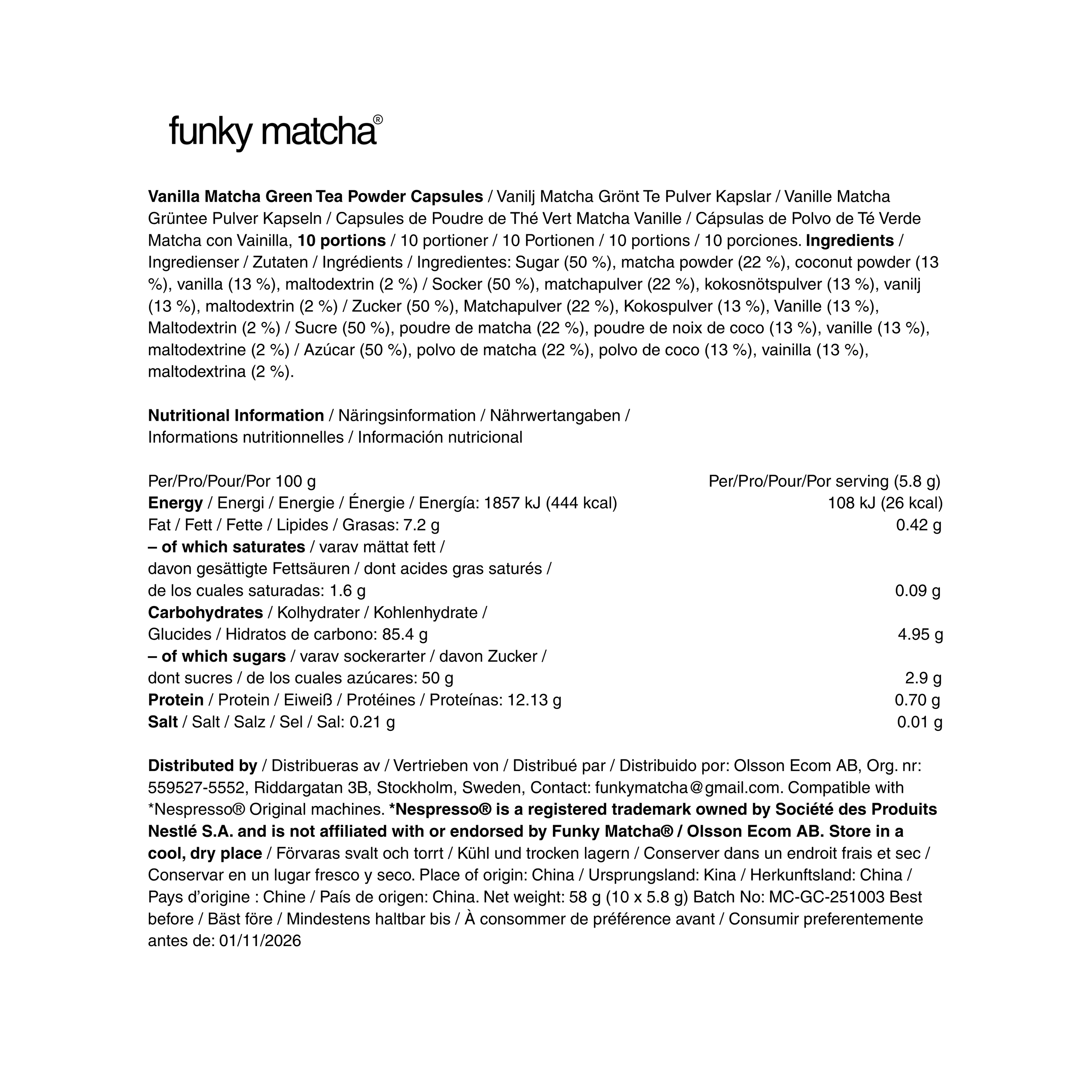 Funky Matcha Vanilla Pods Nutrition Label – Ingredients & Nutritional Info